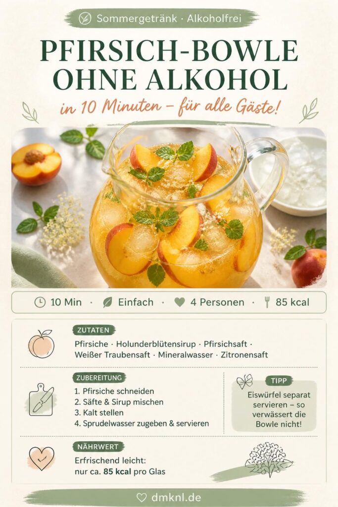 Alkoholfreie Pfirsich-Bowle mit Holunder – Rezept auf Pinterest merken