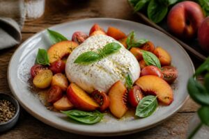 Pfirsich-Caprese mit Burrata, Kirschtomaten, Basilikum und Pinienkernen auf einem weißen Teller, von oben fotografiert
