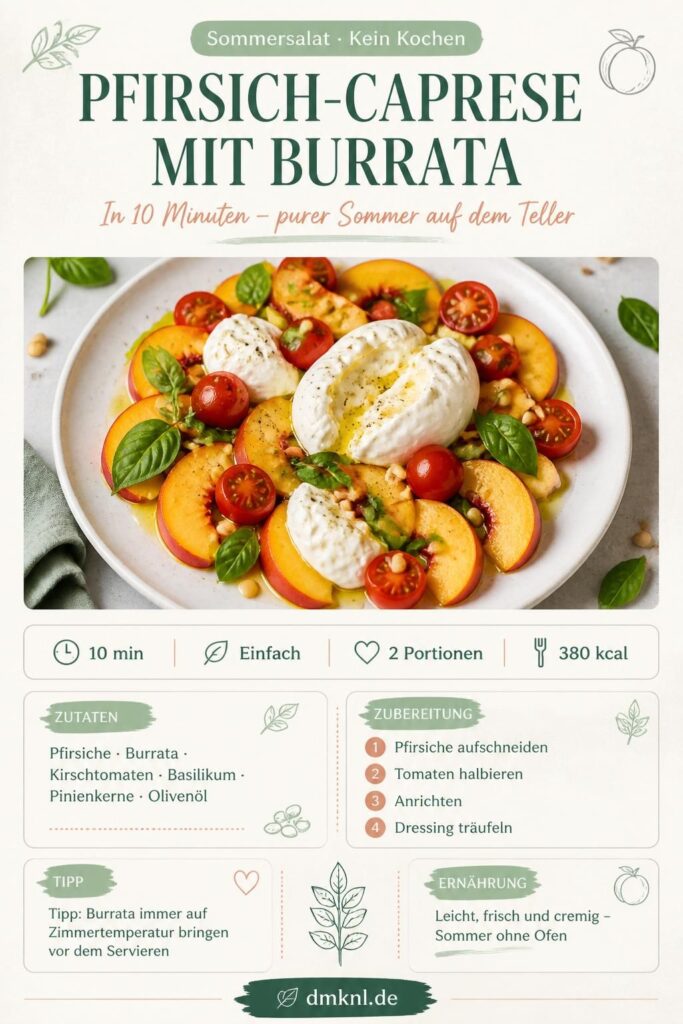 Pfirsich-Caprese mit Burrata, Kirschtomaten und Basilikum – Pinterest-Rezeptkarte