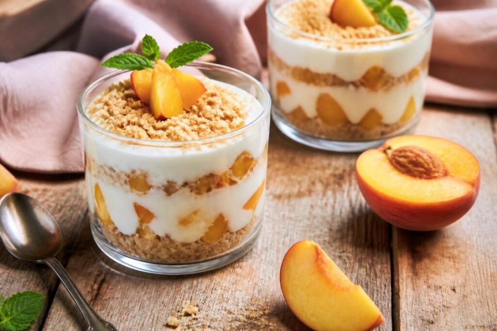 Pfirsich-Creme mit Mascarpone ohne Ei, serviert im Glas mit Löffelbiskuit und frischen Pfirsichscheiben, von oben fotografiert auf hellem Untergrund