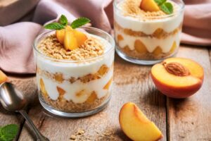 Pfirsich-Creme mit Mascarpone ohne Ei, serviert im Glas mit Löffelbiskuit und frischen Pfirsichscheiben, von oben fotografiert auf hellem Untergrund