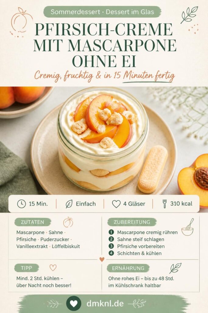 Pfirsich-Creme mit Mascarpone ohne Ei im Glas, mit Löffelbiskuit und Pfirsichscheiben, von oben fotografiert