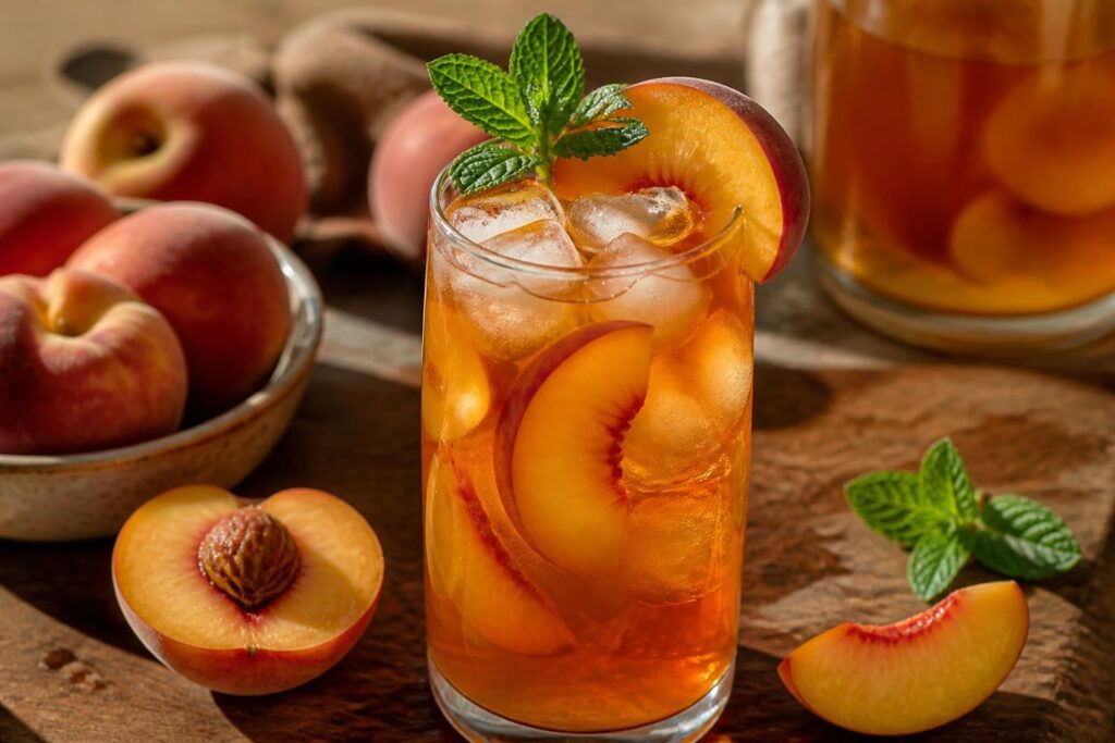 Selbstgemachter Pfirsich-Eistee ohne Zucker in einem Glasgefäß mit Eiswürfeln und frischen Pfirsichscheiben, von oben fotografiert