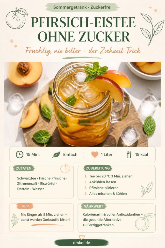 Pfirsich-Eistee ohne Zucker in einer Glaskaraffe mit Eiswürfeln und frischen Pfirsichscheiben – Pinterest-Bild