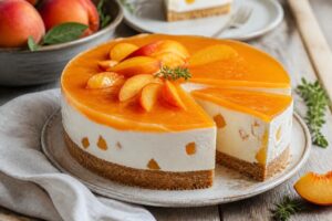 Pfirsich-Joghurt-Torte ohne Backen auf einem Keksboden, cremige Joghurtfüllung mit Pfirsichscheiben, angeschnitten auf einem Holzbrett