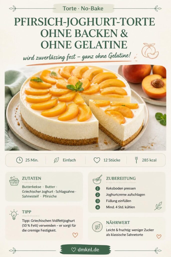 Pfirsich-Joghurt-Torte ohne Backen ohne Gelatine auf Keksboden – Pinterest-Bild zum Merken