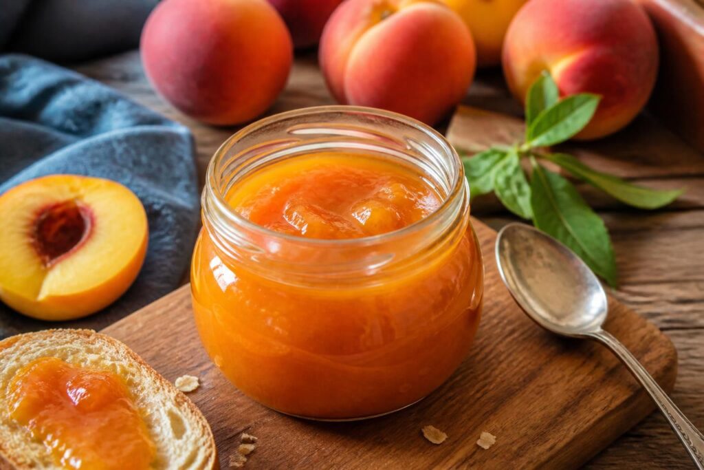 Selbst gemachte Pfirsich-Marmelade mit wenig Zucker in einem Twist-off-Glas, umgeben von frischen, reifen Pfirsichen auf einem Holzbrett
