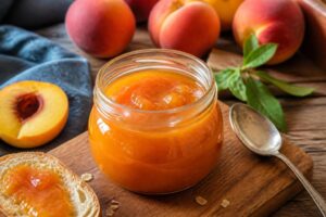 Selbst gemachte Pfirsich-Marmelade mit wenig Zucker in einem Twist-off-Glas, umgeben von frischen, reifen Pfirsichen auf einem Holzbrett