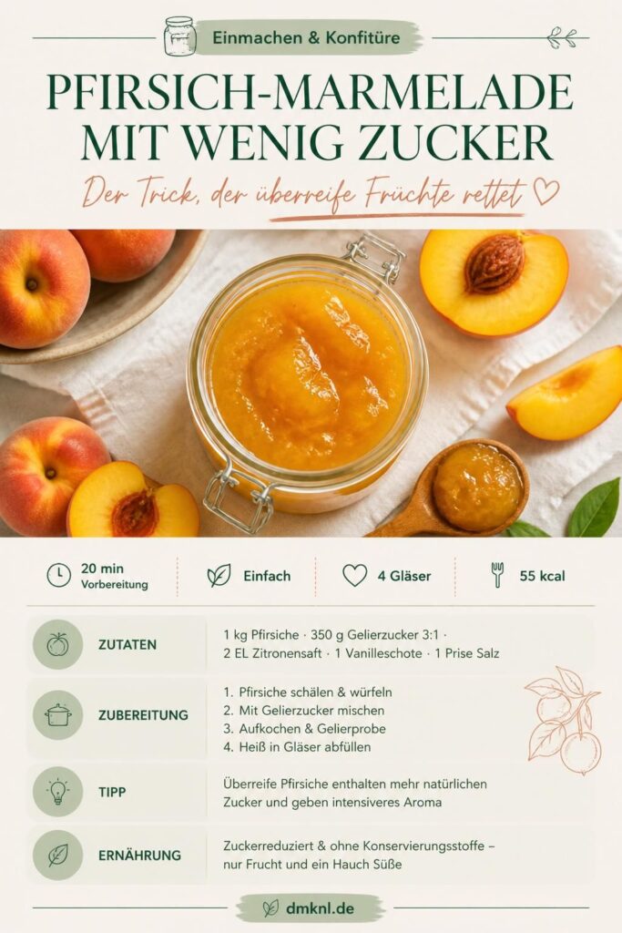 Pfirsich-Marmelade mit wenig Zucker in Twist-off-Gläsern, Schritt-für-Schritt Pinterest-Pin