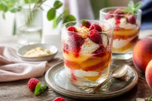 Pfirsich Melba im Glas mit Vanillecreme, Pfirsichstücken und Himbeersoße, angerichtet auf einem hellen Holztisch