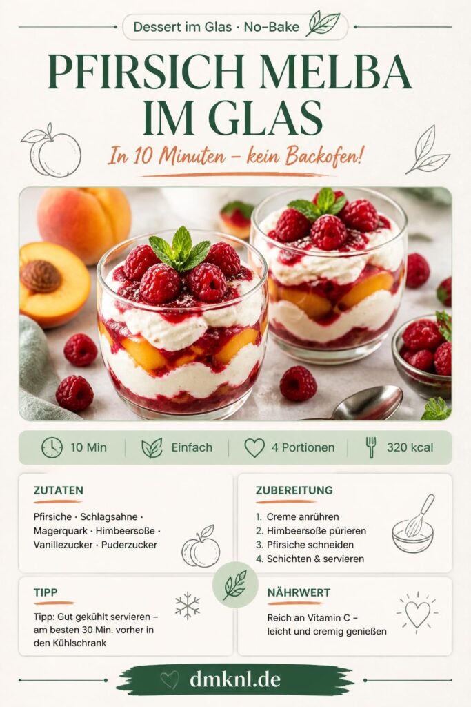 Pfirsich Melba im Glas mit Vanillecreme, Pfirsichstücken und Himbeersoße – Pinterest-Pin