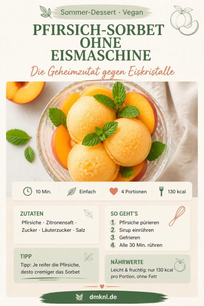 Cremiges Pfirsich-Sorbet ohne Eismaschine – Pinterest-Rezeptkarte von dmknl.de