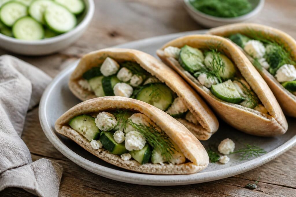 Sommerliche Pita-Taschen gefüllt mit Gurke, Feta, Tomate und frischen Kräutern auf einem hellen Holzbrett
