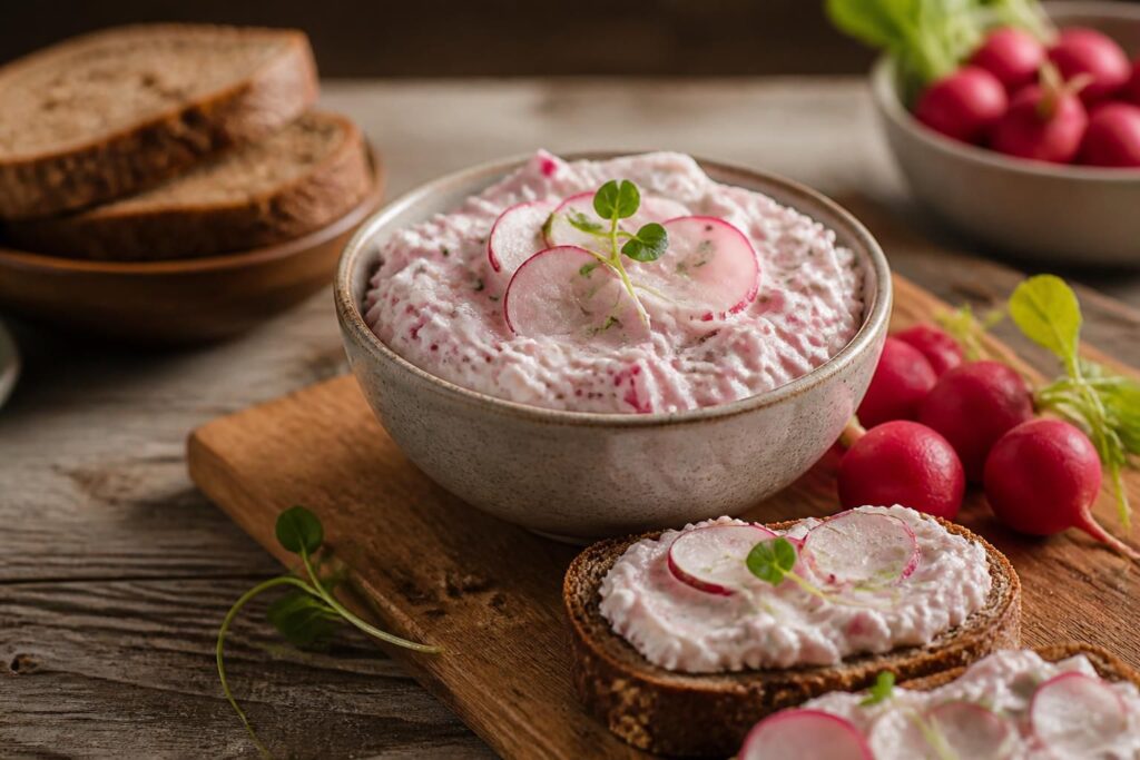 Radieschen-Frischkäse-Creme auf einer Scheibe Vollkornbrot, garniert mit frischen Radieschenscheiben und Schnittlauch, in einer weißen Keramikschale