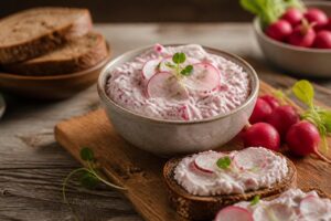 Radieschen-Frischkäse-Creme auf einer Scheibe Vollkornbrot, garniert mit frischen Radieschenscheiben und Schnittlauch, in einer weißen Keramikschale
