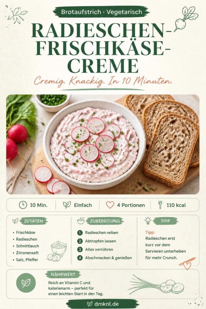 Radieschen-Frischkäse-Creme – cremiger Brotaufstrich mit frischen Radieschen und Schnittlauch auf Vollkornbrot