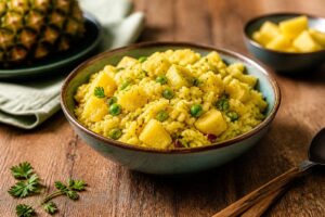 Reissalat mit Ananas und Curry in einer weißen Schüssel, Draufsicht, mit bunter Paprika, Mais und frischer Petersilie garniert, heller Sommerhintergrund
