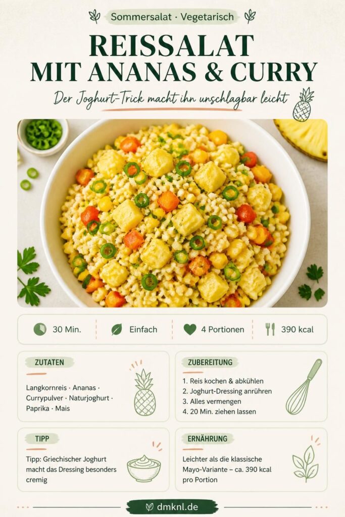 Reissalat mit Ananas und Curry – Pinterest-Pin mit Rezept und Joghurt-Dressing