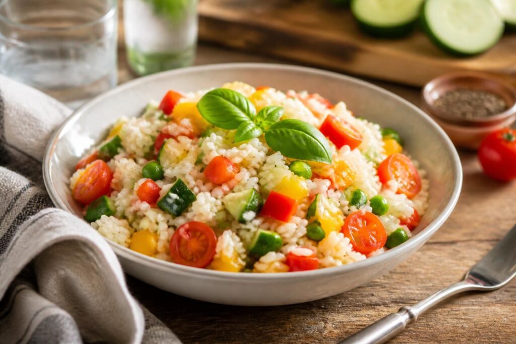 Kalter Reissalat mit Gemüse in einer weißen Schüssel: bunte Paprikaschoten, Kirschtomaten, Gurke und Mais, angerichtet mit frischen Kräutern