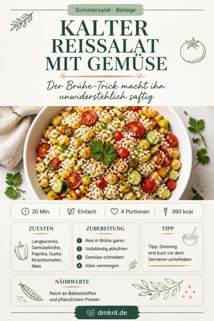 Kalter Reissalat mit Gemüse: Brühe-Trick für mehr Saftigkeit, Pinterest-Rezeptkarte von dmknl.de