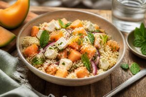 Sommer-Bowl mit Couscous, Wassermelone und Feta in einer weißen Schüssel, garniert mit frischer Minze und Rucola, von oben fotografiert