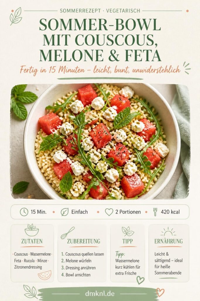 Sommer-Bowl mit Couscous, Wassermelone und Feta – Pinterest-Rezeptkarte