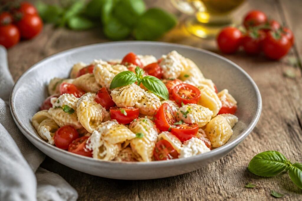Sommer-Pasta mit Ricotta und Kirschtomaten in einer weißen Schüssel, garniert mit frischem Basilikum und Olivenöl, von oben fotografiert