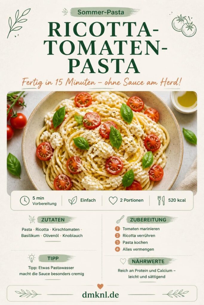 Sommer-Pasta mit Ricotta und Kirschtomaten – No-Cook-Rezept für den Sommer, fertig in 15 Minuten