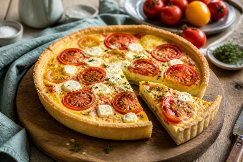 Sommer-Quiche mit Cherrytomaten und Feta auf einem rustikalen Holzbrett, goldbrauner Mürbeteig-Boden, frische Basilikumblätter obenauf