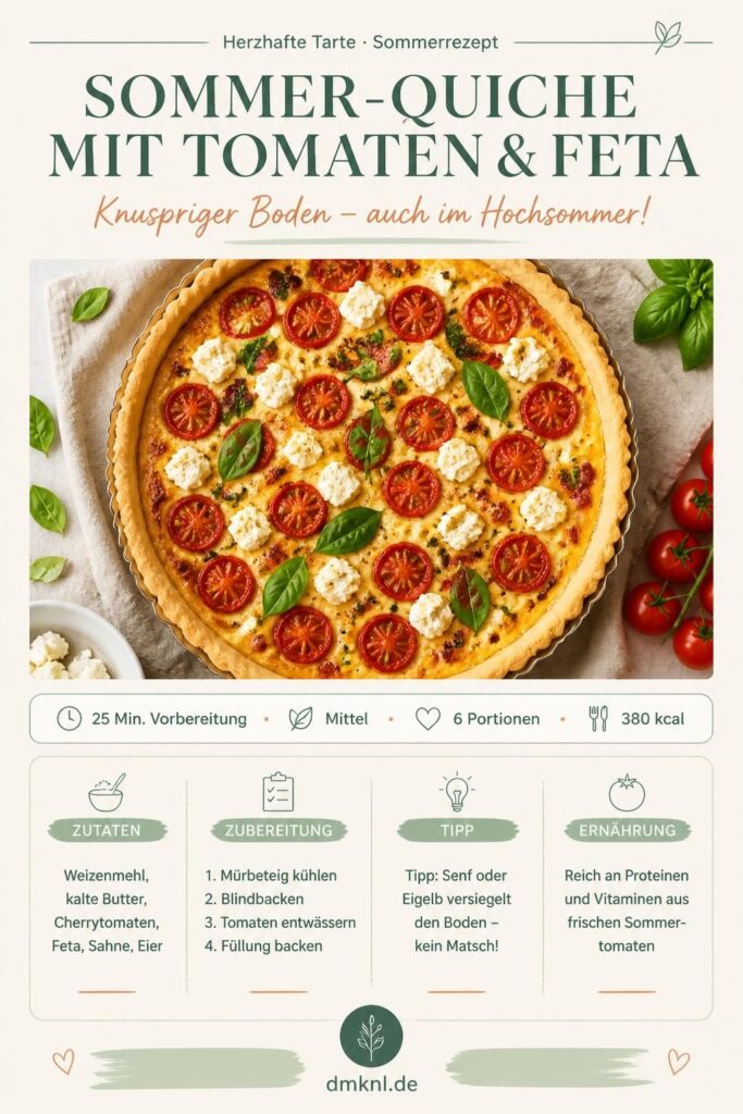 Sommer-Quiche mit Tomaten und Feta, goldbrauner Mürbeteig, Cherrytomaten und Feta auf Leinentuch