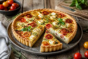 Sommer-Quiche mit Tomaten und Feta auf einem Holzbrett, mit goldgelbem Mürbeteig und frischen Kirschtomaten