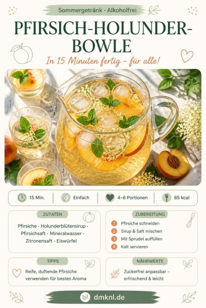 Alkoholfreie Pfirsich-Holunder-Bowle in einer Glaskaraffe mit Eiswürfeln und Minze