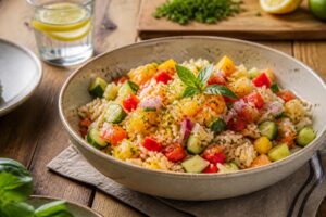 Sommerlicher Reissalat mit roter und gelber Paprika, Frühlingszwiebeln und Zitronen-Dressing in einer weißen Schüssel, von oben fotografiert