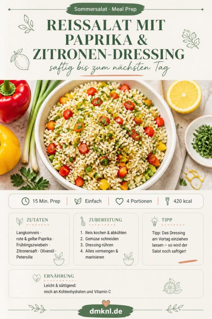 Sommerlicher Reissalat mit roter und gelber Paprika sowie Zitronen-Dressing – Pinterest-Pin