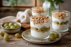 Stachelbeer-Dessert im Glas ohne Gelatine – Schichtdessert mit Joghurtcreme, Stachelbeerkompott und Knusperbasis, servierfertig aus dem Kühlschrank