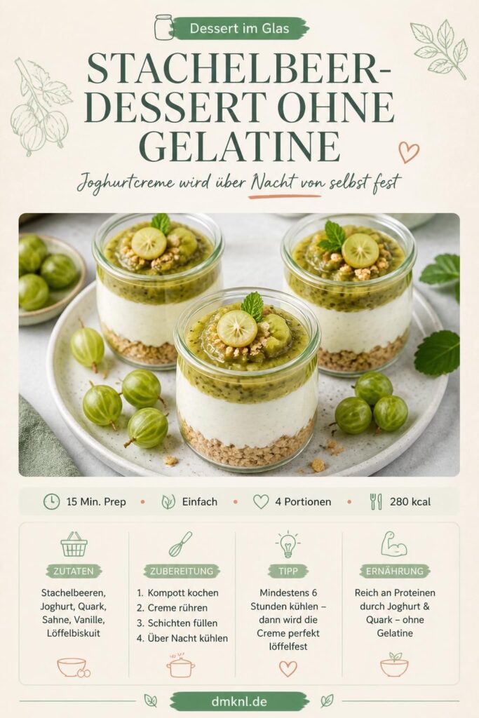 Stachelbeer-Dessert im Glas ohne Gelatine – Schichtdessert mit Joghurtcreme und Stachelbeerkompott