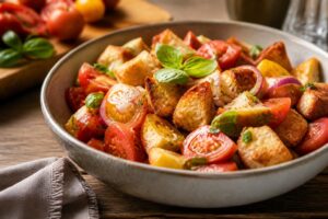Tomaten-Brotsalat mit geröstetem Ciabatta, reifen Tomaten, Basilikum und roter Zwiebel in einer weißen Schüssel, Draufsicht