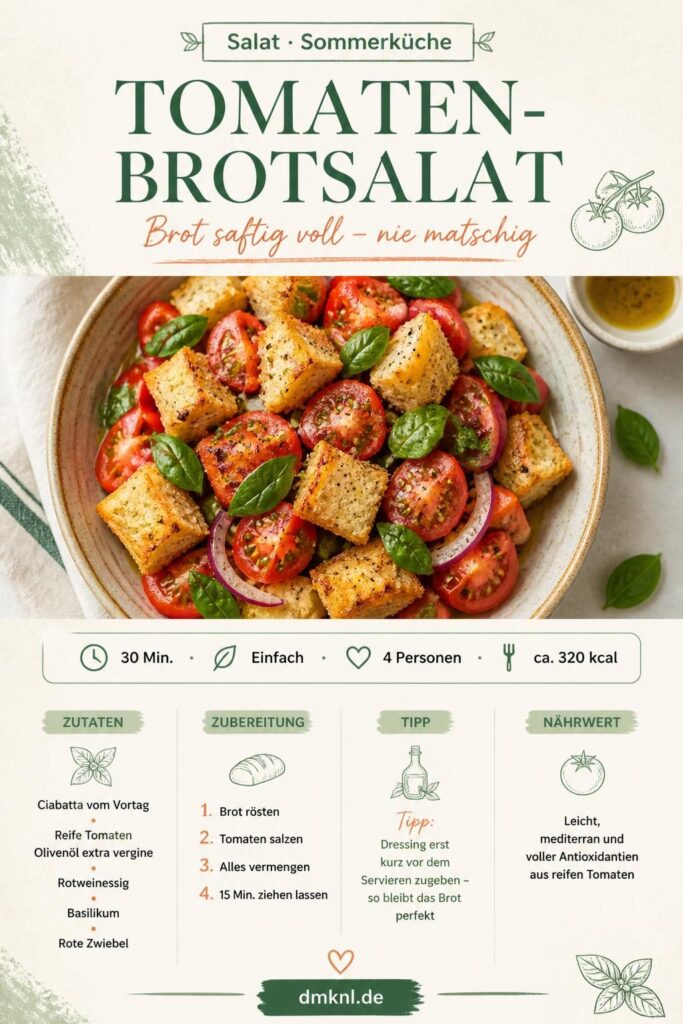 Tomaten-Brotsalat Pin: Geröstetes Ciabatta mit reifen Tomaten und Basilikum, Rezept für heiße Tage