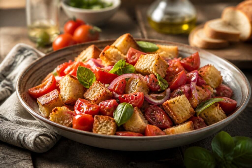 Tomaten-Brotsalat nach italienischer Art (Panzanella) mit gerösteten Brotwürfeln, reifen Rispentomaten, frischem Basilikum und Olivenöl extra vergine in einer weißen Schüssel