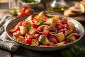 Tomaten-Brotsalat nach italienischer Art (Panzanella) mit gerösteten Brotwürfeln, reifen Rispentomaten, frischem Basilikum und Olivenöl extra vergine in einer weißen Schüssel