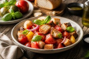 Toskanischer Tomaten-Brotsalat (Panzanella) mit reifen Juli-Tomaten, Basilikum und geröstetem Ciabatta in einer Salatschüssel, von oben fotografiert