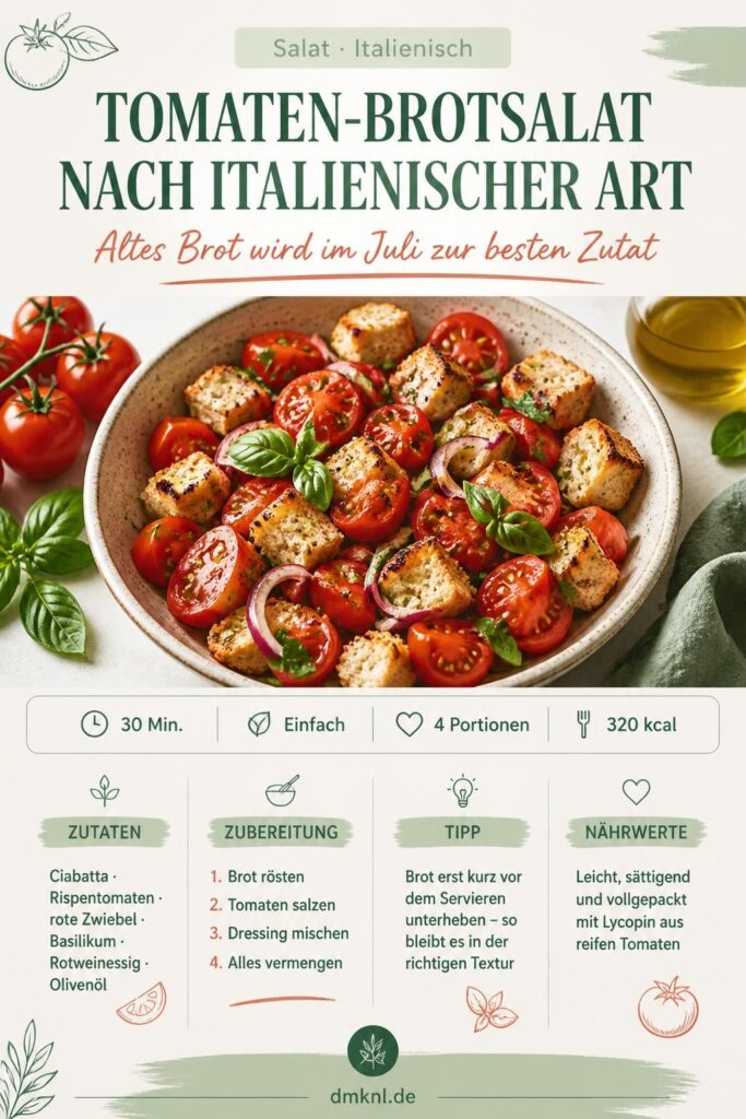 Toskanischer Tomaten-Brotsalat mit Ciabatta, Basilikum und roten Zwiebeln – Pinterest-Bild