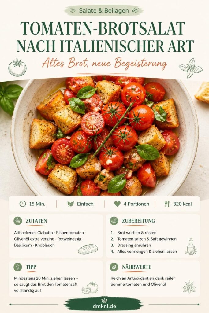 Tomaten-Brotsalat nach italienischer Art (Panzanella) mit gerösteten Brotwürfeln und Basilikum – Rezept merken auf Pinterest