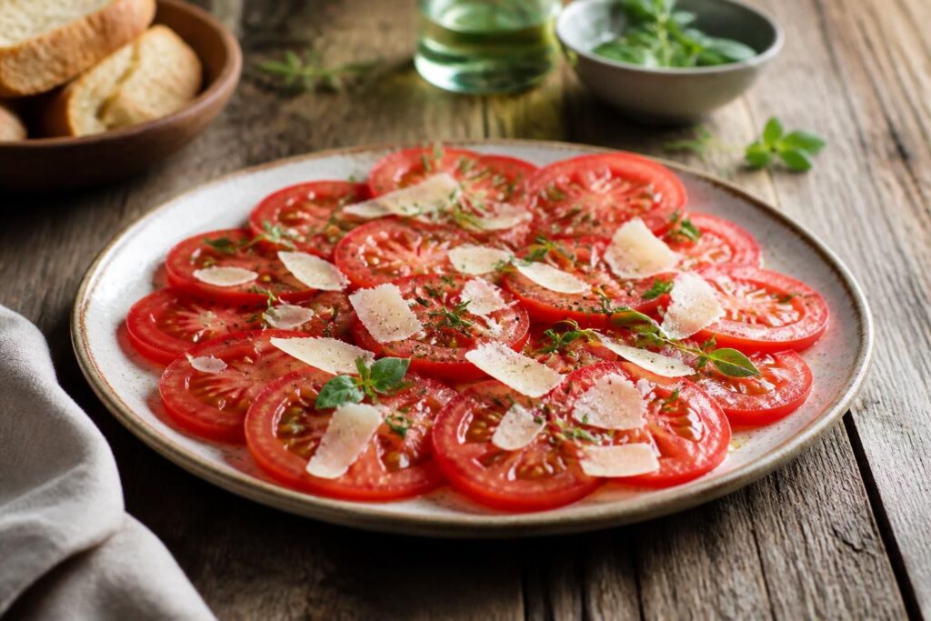 Tomaten-Carpaccio mit Parmesan, frischem Basilikum und Olivenöl auf einem weißen Teller, von oben fotografiert