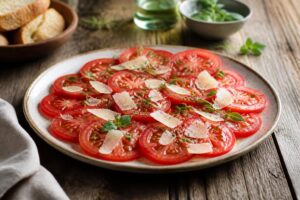 Tomaten-Carpaccio mit Parmesan, frischem Basilikum und Olivenöl auf einem weißen Teller, von oben fotografiert