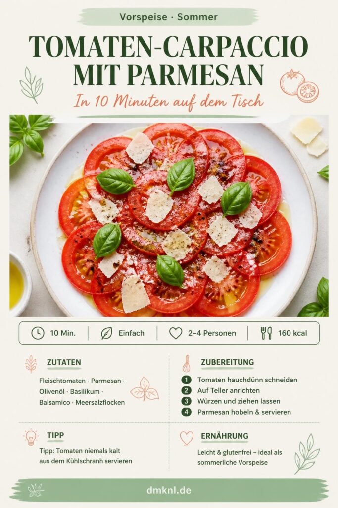 Tomaten-Carpaccio mit Parmesan, Basilikum und Olivenöl auf weißem Teller – Pinterest-Rezeptkarte