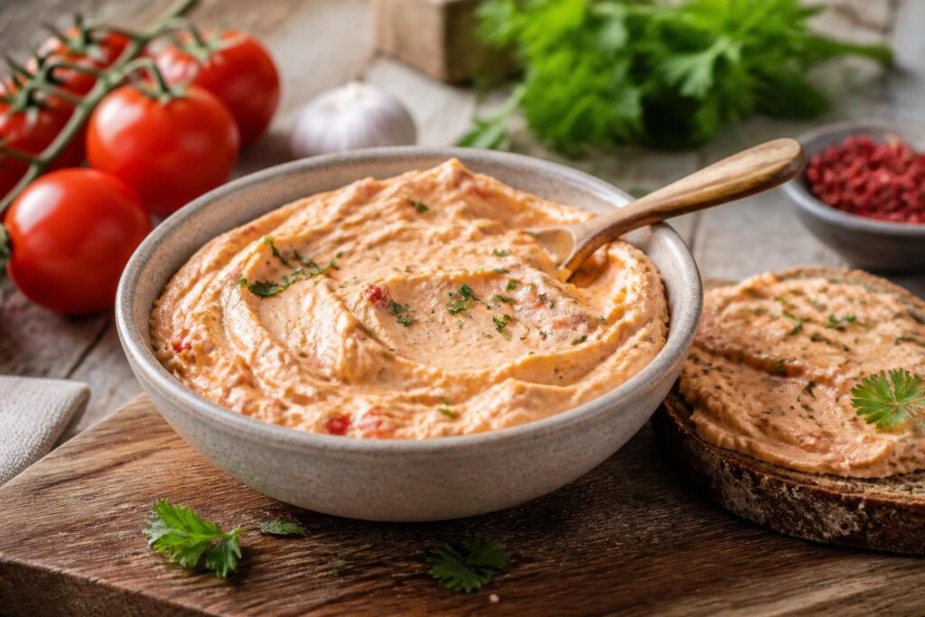 Cremiger Tomaten-Frischkäse-Aufstrich auf frischem Baguette, garniert mit Basilikumblättern und getrockneten Tomaten, auf einem rustikalen Holzbrett
