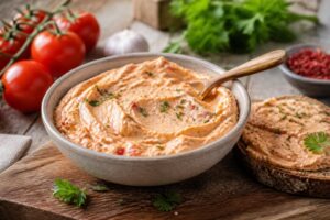 Cremiger Tomaten-Frischkäse-Aufstrich auf frischem Baguette, garniert mit Basilikumblättern und getrockneten Tomaten, auf einem rustikalen Holzbrett
