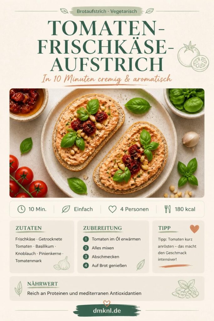 Tomaten-Frischkäse-Aufstrich auf Brot – Pinterest-Rezeptkarte