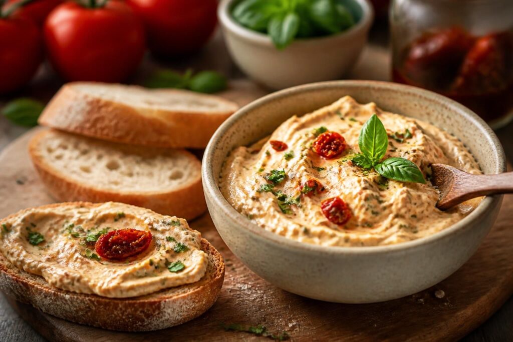 Tomaten-Frischkäse-Creme als Brotaufstrich in einem kleinen Glas, mit sonnengetrockneten Tomaten und frischem Basilikum, auf einem Holzbrett serviert